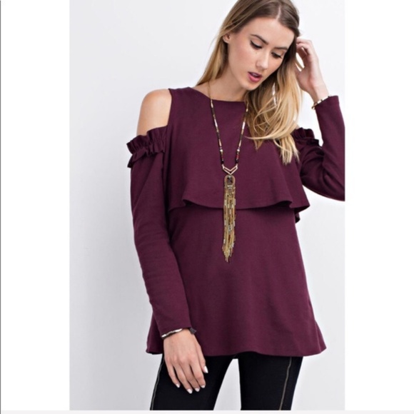 ONE LEFT! Ruffle Cold Shoulder Sweater - Picture 2 of 3